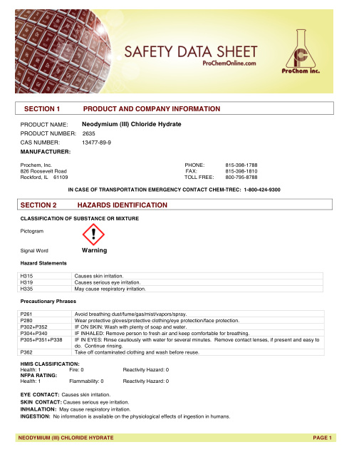 First page of Neodymium (III) Chloride Hydrate 2635 SDS – ProChem, Inc.