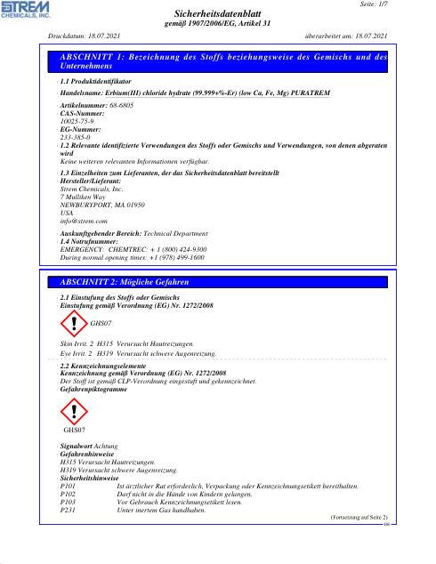 First page of Erbium(III) chloride hydrate (99.999+%-Er) (low Ca, Fe, Mg) PURATREM 68-6805 SDS – Strem Chemicals, Inc.