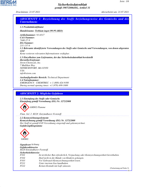 First page of Terbium ingot (99.9% REO) 93-6517 SDS – Strem Chemicals, Inc.