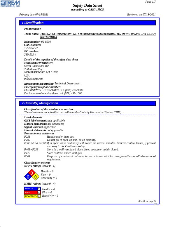 First page of · Trade name: Tris(2,2,6,6-tetramethyl-3,5-heptanedionato)dysprosium(III), 98+% (99.9%-Dy) (REO) 66-8500 SDS – Strem Chemicals, Inc.