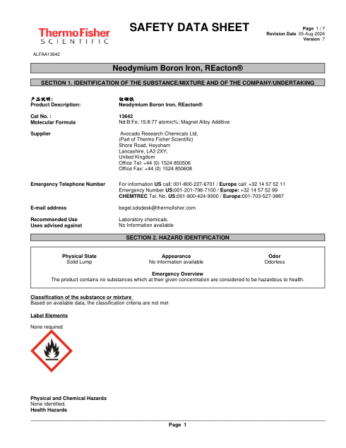 First page of Neodymium Boron Iron, REacton® ALFAA13642 SDS – Avocado Research Chemicals Ltd. (Part of Thermo Fisher Scientific)