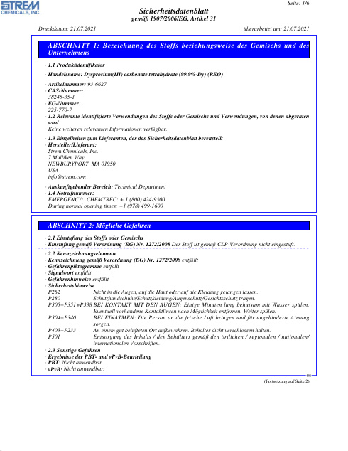 First page of Dysprosium(III) carbonate tetrahydrate (99.9%-Dy) (REO) 93-6627 SDS – Strem Chemicals, Inc.