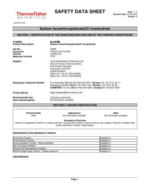 First page of Sodium hexachloroplatinate(IV) hexahydrate ALFAA11213 SDS – Avocado Research Chemicals Ltd. (Part of Thermo Fisher Scientific)