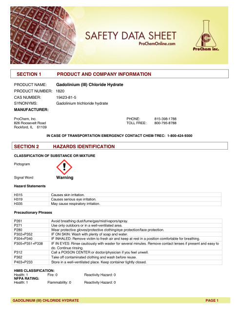 First page of Gadolinium (III) Chloride Hydrate | SDS | CAS 19423-81-5 | ProChem | 1820 | English