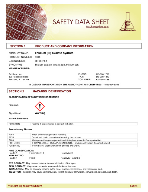 First page of Thulium (III) oxalate hydrate 3610 SDS – ProChem, Inc.