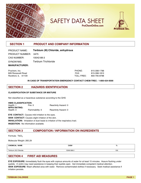 First page of Terbium (III) Chloride, anhydrous 3475 SDS – ProChem, Inc.