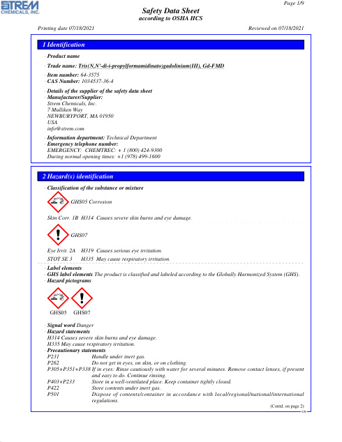 First page of Tris(N,N'-di-i-propylformamidinato)gadolinium(III), Gd-FMD 64-3575 SDS – Strem Chemicals, Inc.