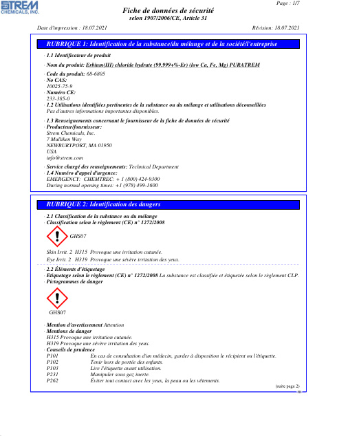 First page of Erbium(III) chloride hydrate (99.999+%-Er) (low Ca, Fe, Mg) PURATREM 68-6805 SDS – Strem Chemicals, Inc.