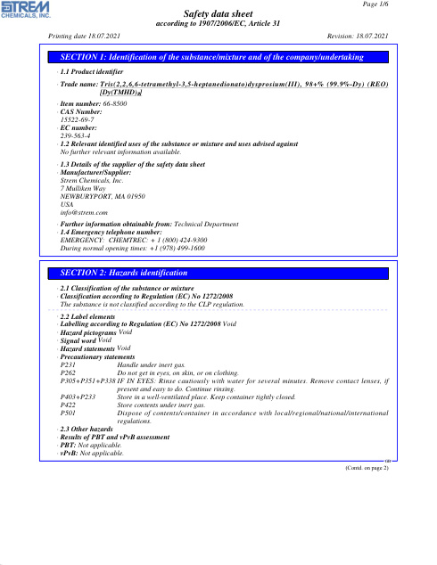 First page of Tris(2,2,6,6-tetramethyl-3,5-heptanedionato)dysprosium(III), 98+% (99.9%-Dy) (REO) 66-8500 SDS – Strem Chemicals, Inc.