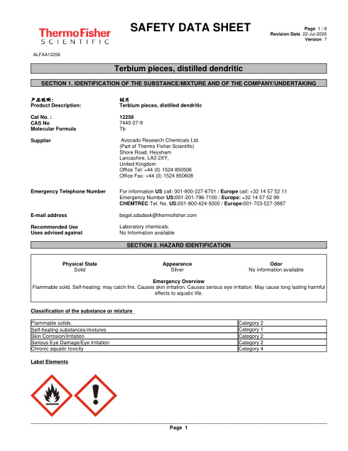 First page of Terbium pieces, distilled dendritic ALFAA12258 SDS – Avocado Research Chemicals Ltd. (Part of Thermo Fisher Scientific)