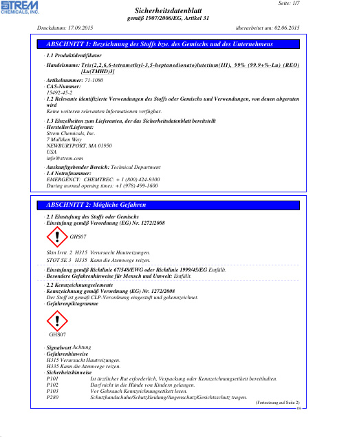 First page of Tris(2,2,6,6-tetramethyl-3,5-heptanedionato)lutetium(III), 99% (99.9+%-Lu) (REO) 71-1080 SDS – Strem Chemicals, Inc.
