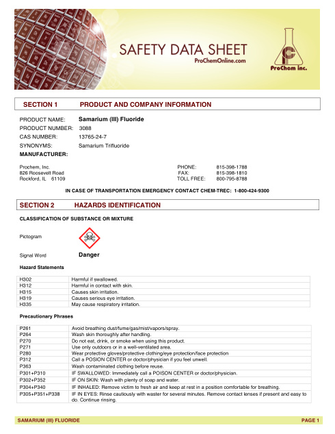 First page of Samarium (III) Fluoride 3088 SDS – ProChem, Inc.