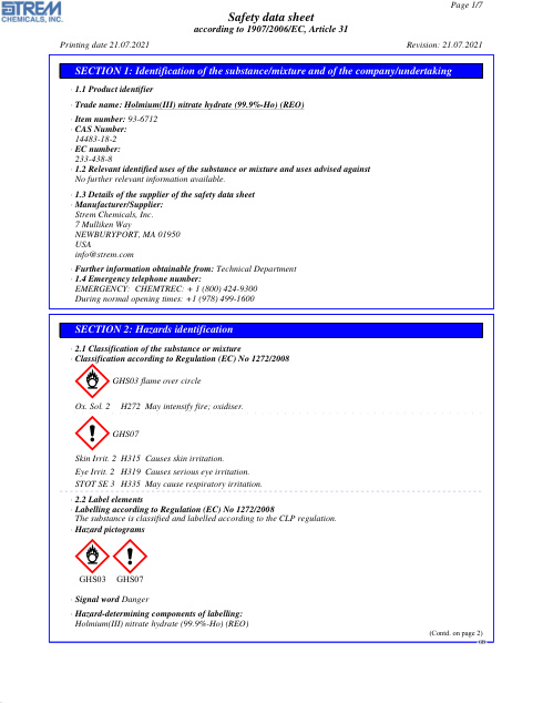 First page of Holmium(III) nitrate hydrate (99.9%-Ho) (REO) 93-6712 SDS – Strem Chemicals, Inc.