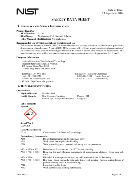 First page of Neodymium (Nd) Standard Solution | SDS | National Institute of Standards and Technology (NIST) | SRM 3135a | English | 23 September 2014