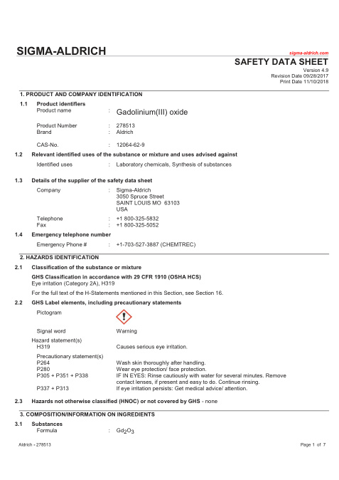 First page of Gadolinium(III) oxide | SDS | CAS 12064-62-9 | Sigma-Aldrich | 278513 | English | 09/28/2017 · Version 4.9
