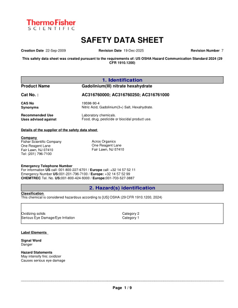 First page of Gadolinium(III) nitrate hexahydrate | SDS | Thermo Fisher Scientific | AC316760000; AC316760250; AC316761000 | English | 19-Dec-2025 · Revision 7