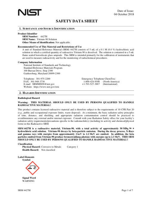 First page of Yttrium-90 Solution | SDS | National Institute of Standards and Technology (NIST) | SRM 4427H | English | 04 October 2018