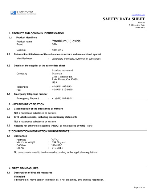 First page of Ytterbium(III) oxide SDS – Stanford Advanced Materials