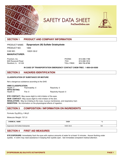 First page of Dysprosium (III) Sulfate Octahydrate 1669 SDS – ProChem, Inc.