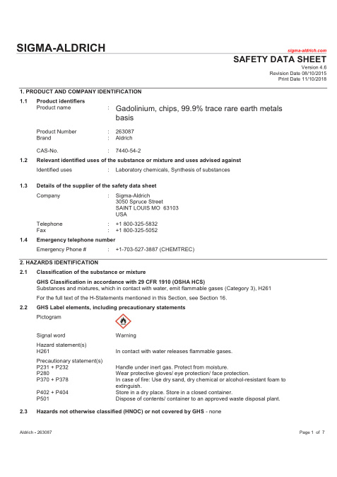 First page of Gadolinium, chips, 99.9% trace rare earth metals basis | SDS | CAS 7440-54-2 | Sigma-Aldrich | 263087 | English | 08/10/2015 · Version 4.6