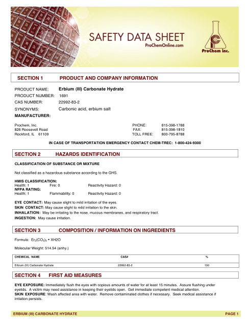First page of Erbium (III) Carbonate Hydrate 1691 SDS – ProChem, Inc.