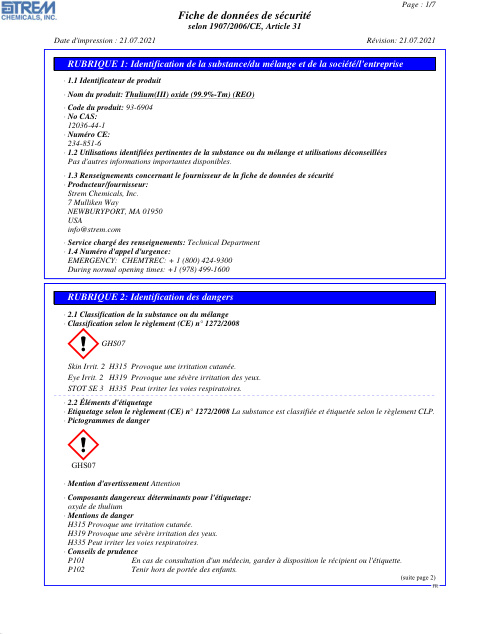 First page of Thulium(III) oxide (99.9%-Tm) (REO) 93-6904 SDS – Strem Chemicals, Inc.