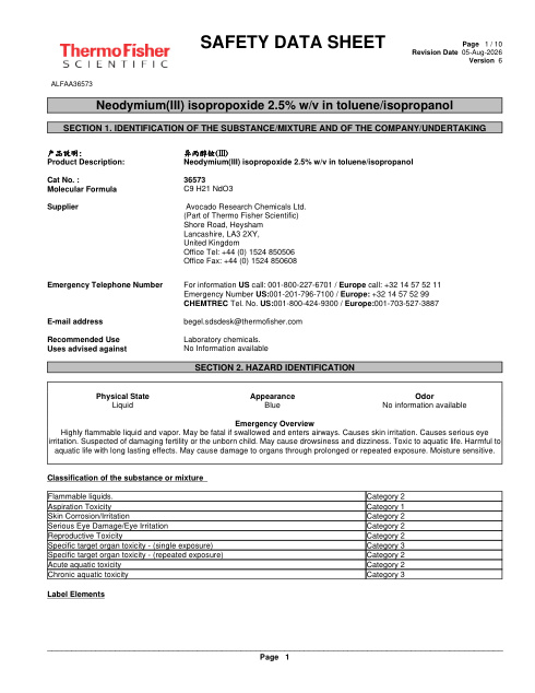 First page of Neodymium(III) isopropoxide 2.5% w/v in toluene/isopropanol ALFAA36573 SDS – Avocado Research Chemicals Ltd. (Part of Thermo Fisher Scientific)