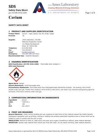 First page of Cerium (Ce) Metal — Safety Data Sheet (SDS)