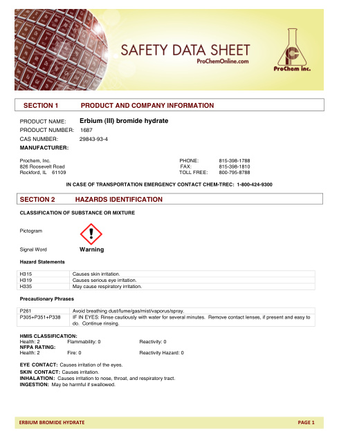First page of Erbium (III) bromide hydrate 1687 SDS – ProChem, Inc.