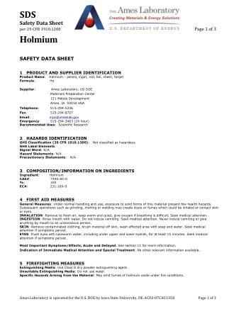 First page of Holmium (Ho) Metal — Safety Data Sheet (SDS)