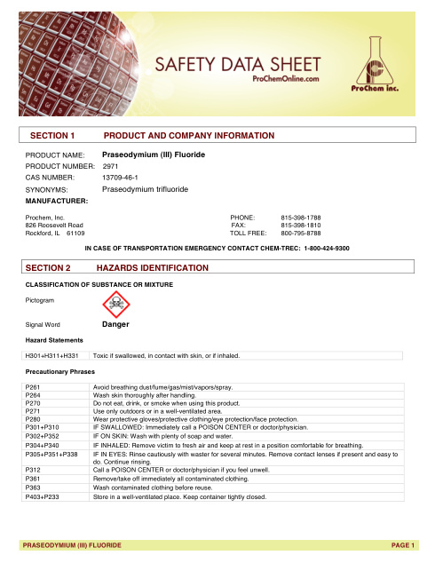 First page of Praseodymium (III) Fluoride 2971 SDS – ProChem, Inc.