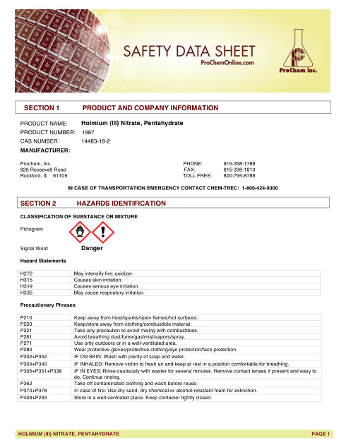 First page of Holmium (III) Nitrate, Pentahydrate 1987 SDS – ProChem, Inc.