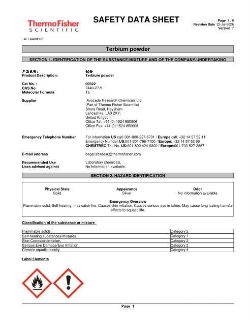 First page of Terbium powder ALFAA00322 SDS – Avocado Research Chemicals Ltd. (Part of Thermo Fisher Scientific)