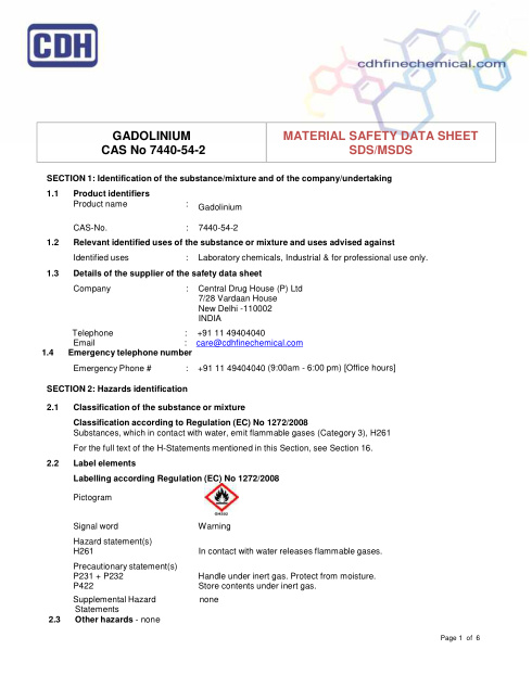 First page of Gadolinium | SDS | CAS 7440-54-2 | CDH | English