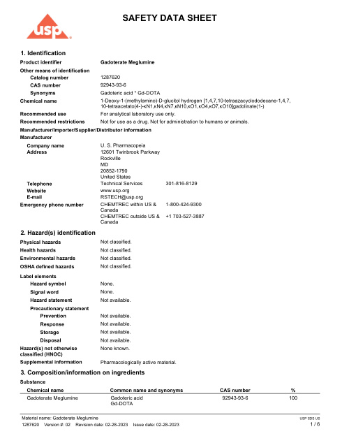 First page of Gadoterate meglumine - USP reference standard | SDS | CAS 92943-93-6 | USP | Gadoterate Meglumine | English | 02-28-2023