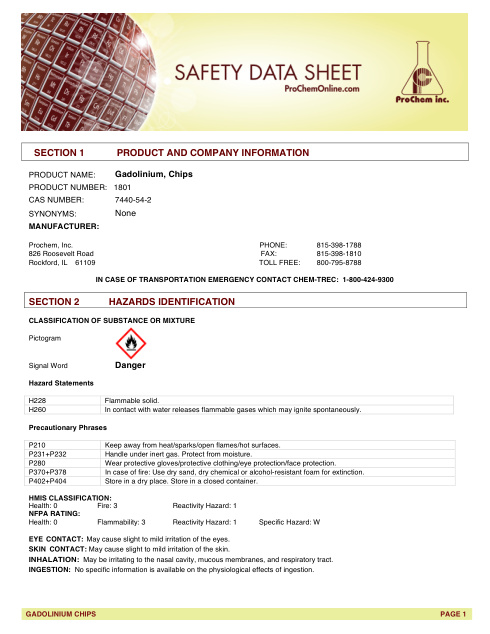 First page of Gadolinium, Chips | SDS | CAS 7440-54-2 | ProChem | 1801 | English