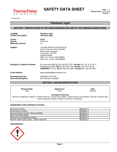 First page of Ytterbium ingot ALFAA47227 SDS – Avocado Research Chemicals Ltd. (Part of Thermo Fisher Scientific)