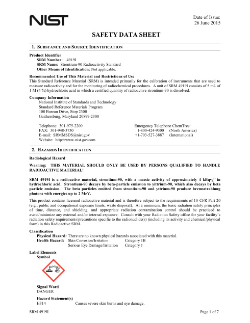 First page of Strontium-90 solution with trace yttrium ions | SDS | National Institute of Standards and Technology (NIST) | NIST SRM 4919I | English | 26 June 2015