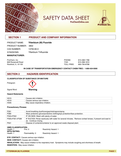 First page of Ytterbium (III) Fluoride 3802 SDS – ProChem, Inc.