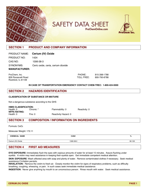 First page of Cerium (IV) Oxide 1424 SDS – CAS 1306-38-3 – ProChem, Inc.