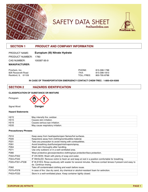 First page of Europium (III) Nitrate Hydrate 1780 SDS – ProChem, Inc.