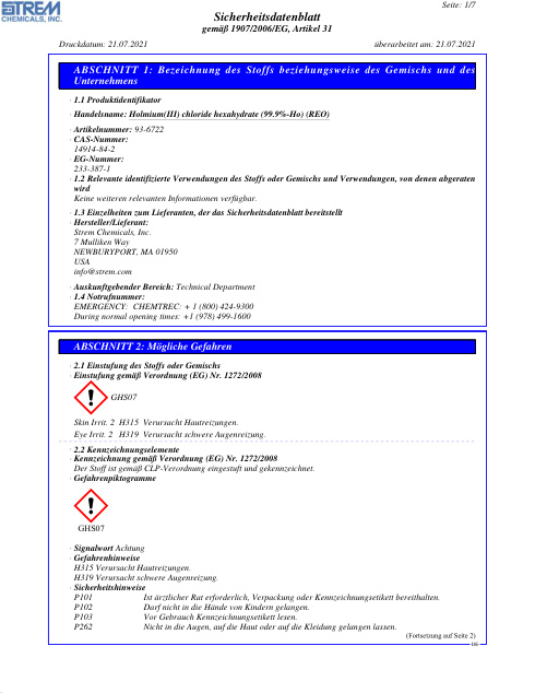 First page of Holmium(III) chloride hexahydrate (99.9%-Ho) (REO) 93-6722 SDS – Strem Chemicals, Inc.