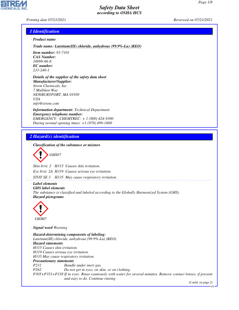 First page of Lutetium(III) chloride, anhydrous (99.9%-Lu) (REO) 93-7101 SDS – Strem Chemicals, Inc.