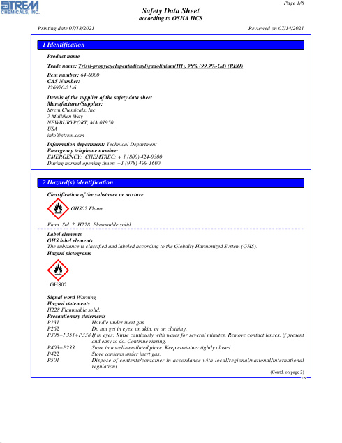 First page of Tris(i-propylcyclopentadienyl)gadolinium(III), 98% (99.9%-Gd) (REO) 64-6000 SDS – Strem Chemicals, Inc.