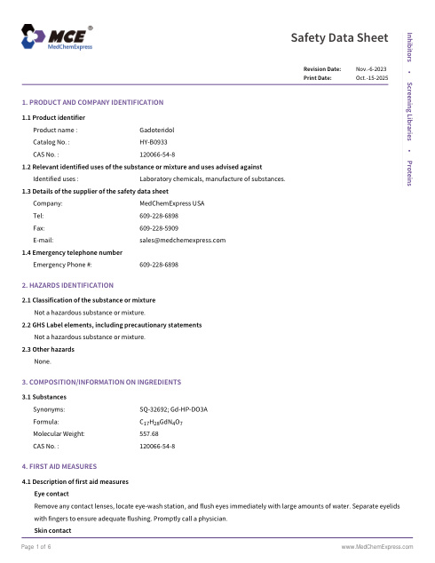 First page of Gadoteridol | SDS | CAS 120066-54-8 | MedChemExpress | English