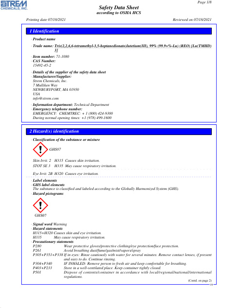 First page of Tris(2,2,6,6-tetramethyl-3,5-heptanedionato)lutetium(III), 99% (99.9+%-Lu) (REO) [Lu(TMHD) 71-1080 SDS – Strem Chemicals, Inc.
