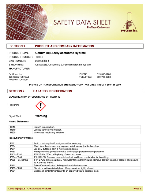 First page of Cerium (III) Acetylacetonate Hydrate 1403-5 SDS – ProChem, Inc.