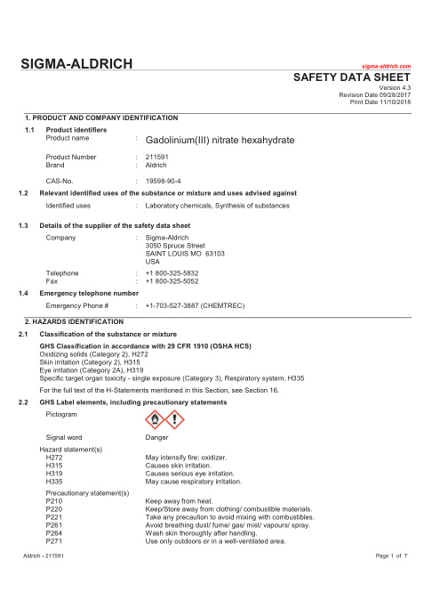 First page of Gadolinium(III) nitrate hexahydrate | SDS | CAS 19598-90-4 | Sigma-Aldrich | 211591 | English | 09/28/2017 · Version 4.3
