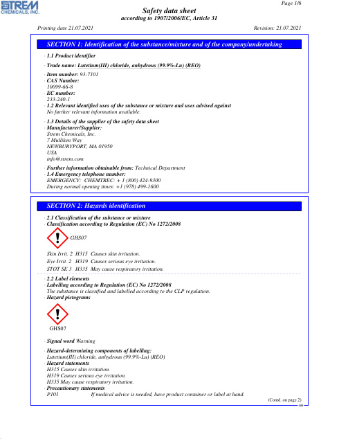 First page of Lutetium(III) chloride, anhydrous (99.9%-Lu) (REO) 93-7101 SDS – Strem Chemicals, Inc.