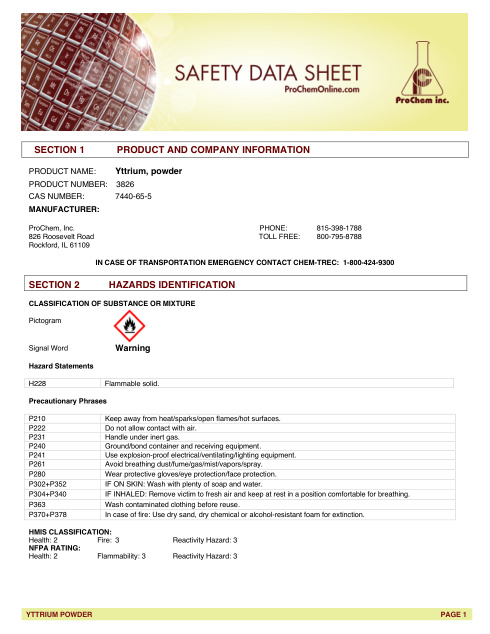 First page of Yttrium, powder 3826 SDS – ProChem, Inc.